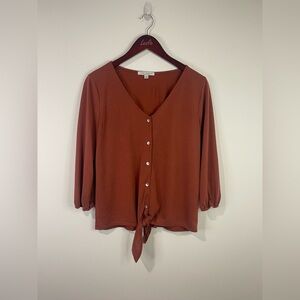 Green envelope rust  Button-Down Women's Top with tie at bottom